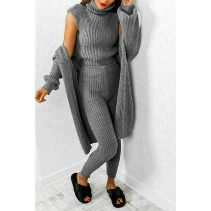 3 Piece Suit Roll Neck Chunky Knitted Ribbed Tracksuit Lounge Set