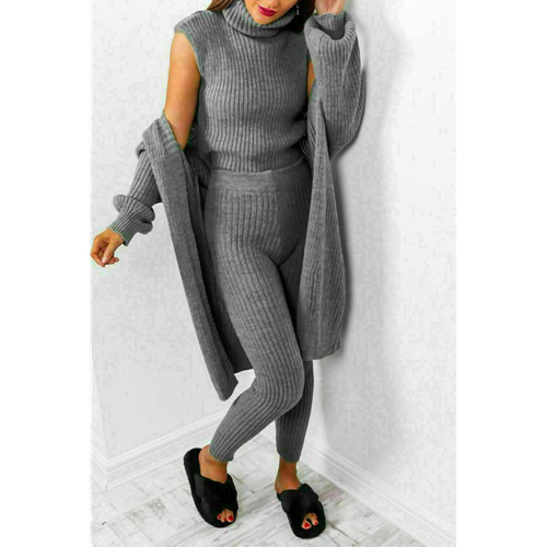 3 Piece Suit Roll Neck Chunky Knitted Ribbed Tracksuit Lounge Set