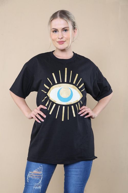 Oversized Sequin Eye Printed Short Sleeves T Shirt Top