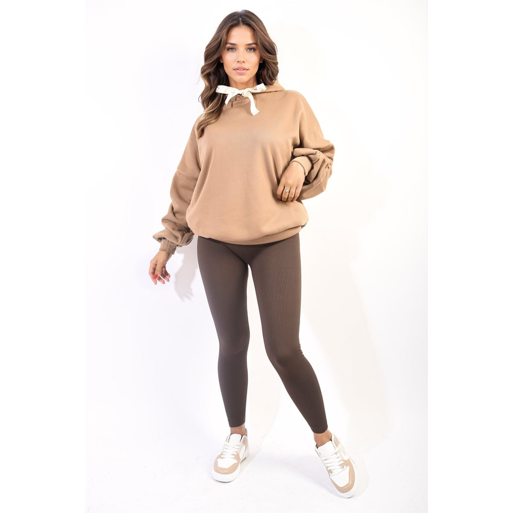 Clarissa Oversized Ruched Sleeves Knitted Hoodie with Ribbon Detail