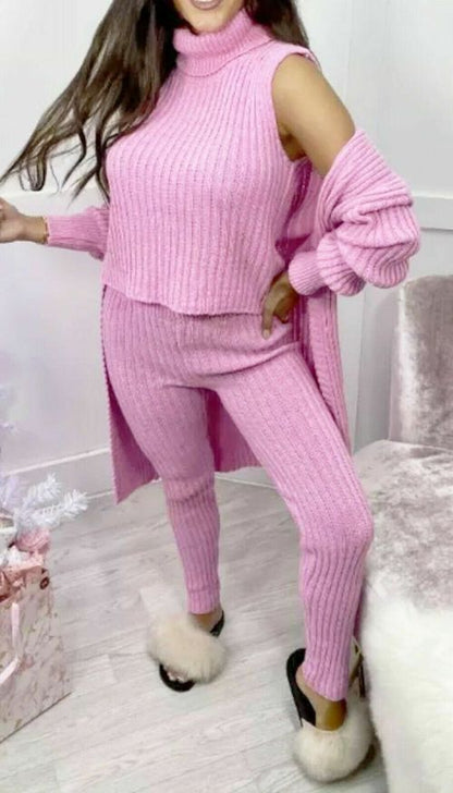 3 Piece Suit Roll Neck Chunky Knitted Ribbed Tracksuit Lounge Set