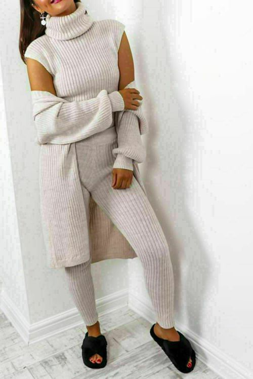 3 Piece Suit Roll Neck Chunky Knitted Ribbed Tracksuit Lounge Set