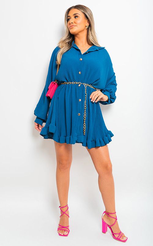 Sofia Long Sleeve Pleated Button Up Mini Dress