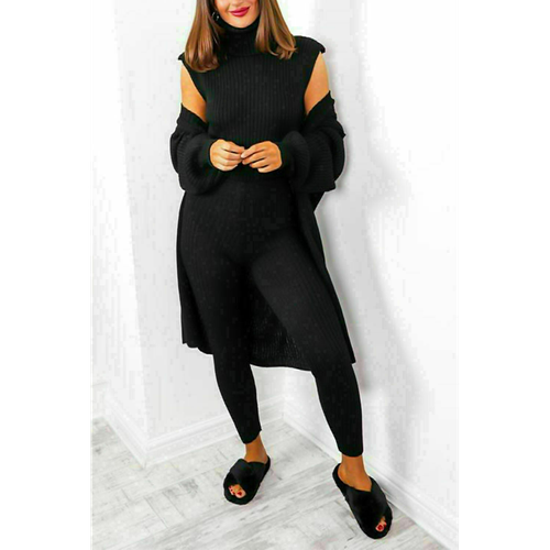 3 Piece Suit Roll Neck Chunky Knitted Ribbed Tracksuit Lounge Set