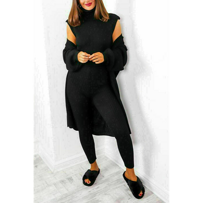 3 Piece Suit Roll Neck Chunky Knitted Ribbed Tracksuit Lounge Set