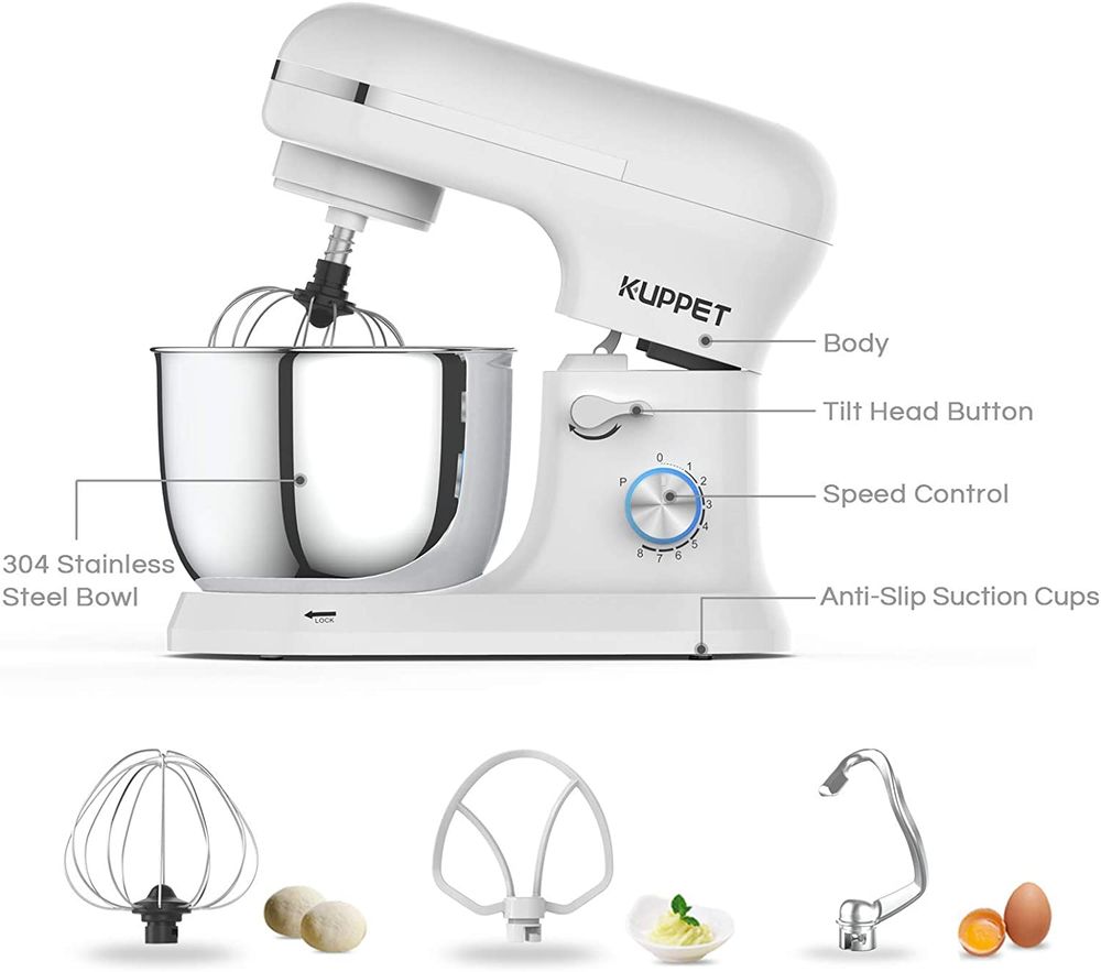 Stand Mixer, Food Mixer with Tilt-Head, 8-Speeds Electric Mixer, Included Dough Hook, Wire Whip & Beater, 4.5L Stainless Steel Bowl - White ( Needed UK Plug)